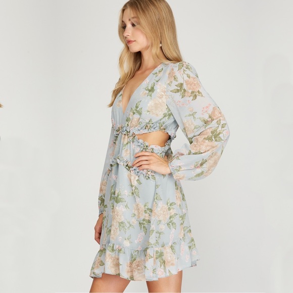 She + Sky | Floral Effortlessly Chic Cutout Sides Ruffle Dress - Picture 3 of 8